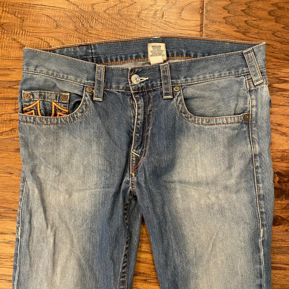 True Religion Straight Leg Jeans Mens 36 Blue Orange Stitching Made in USA
